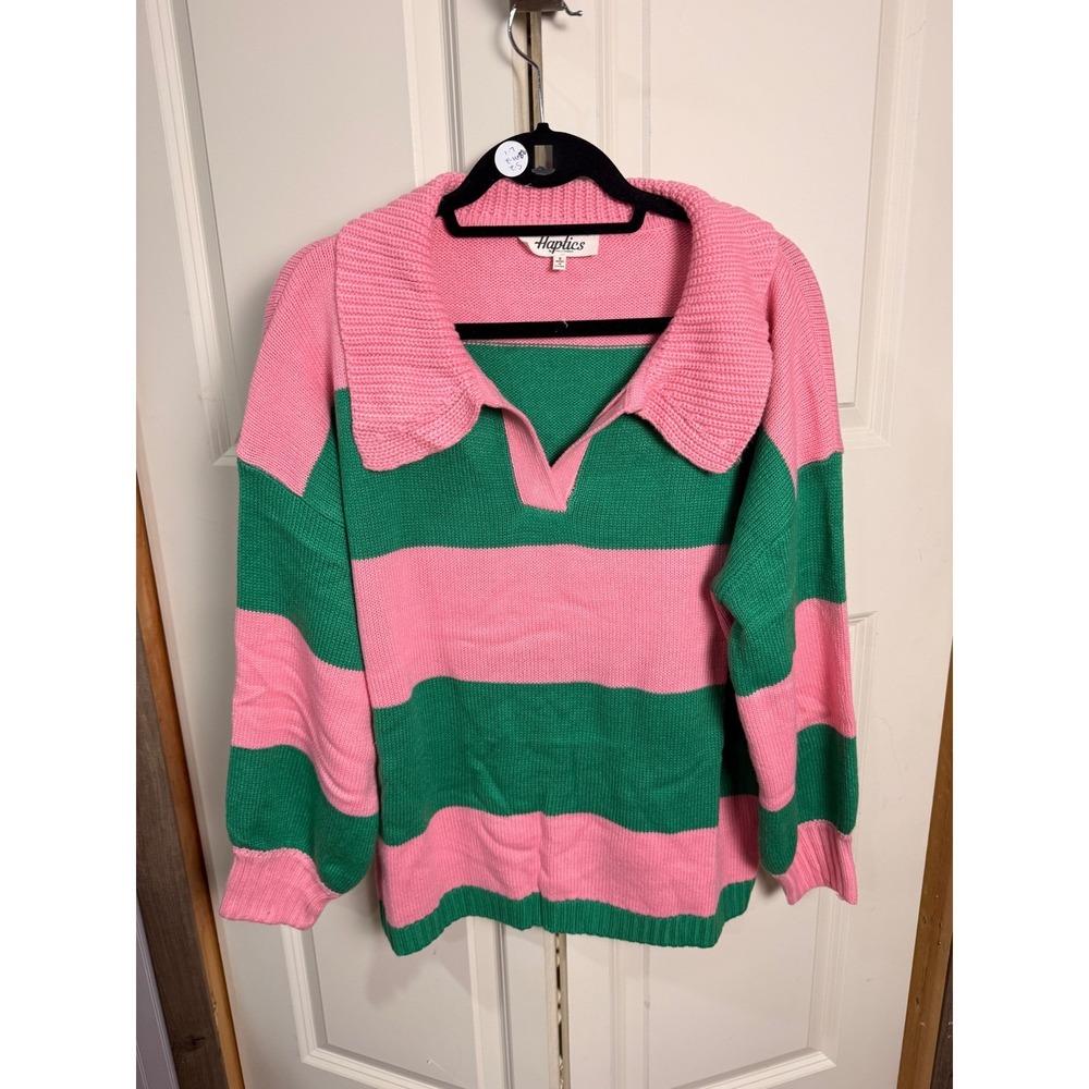 Haptics by Holly Harper Pink Green Striped Oversized Collar V-Neck Sweater Med